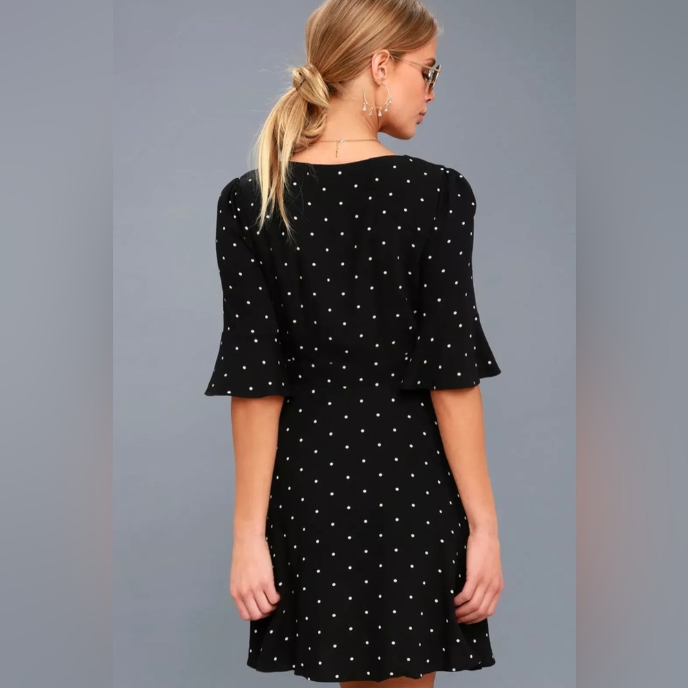 Free People Polka Dot Mini Dress Size 2 Black Tie Neck - Picture 3 of 10